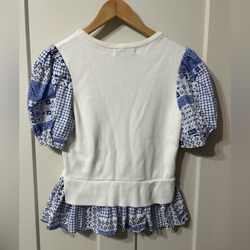 English Factory White Sweater
Shirt with Blue patterned Ruffle Sleeves - Picture 6 of 6